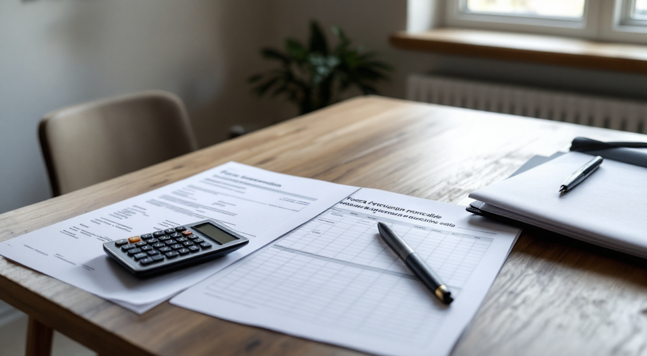 Documents d'un dossier de financement étalés sur une table près d'une fenêtre donnant sur une façade.