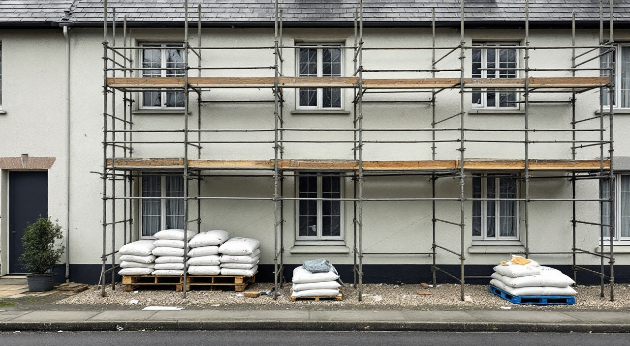 Façade de maison en cours de ravalement, échafaudage bâché et menuiseries protégées, vue depuis le trottoir opposé