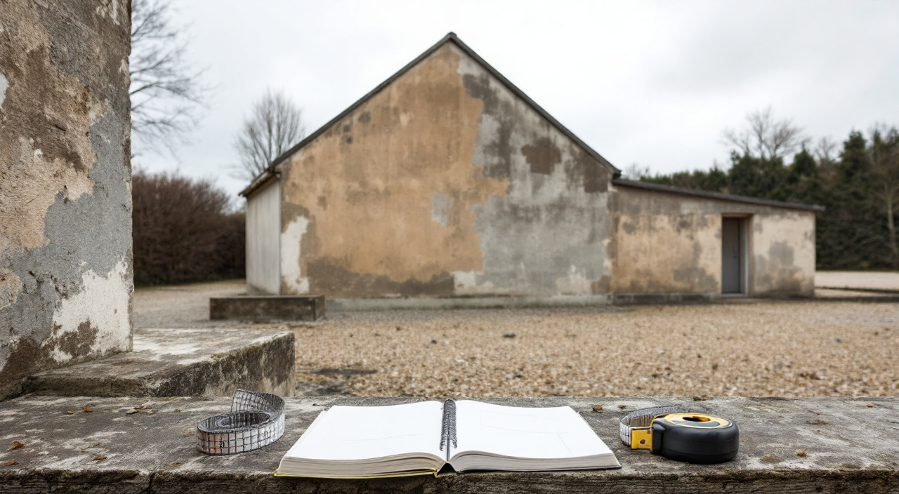 Pignon aveugle enduit d'un corps de ferme bas, avec un décamètre et un carnet posés sur un mur de clôture