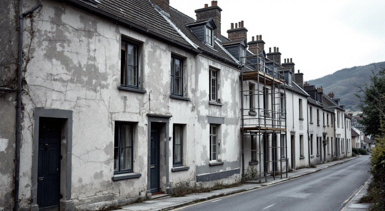 Rangée de maisons ouvrières mitoyennes aux enduits vieillis, dont une seule sous échafaudage
