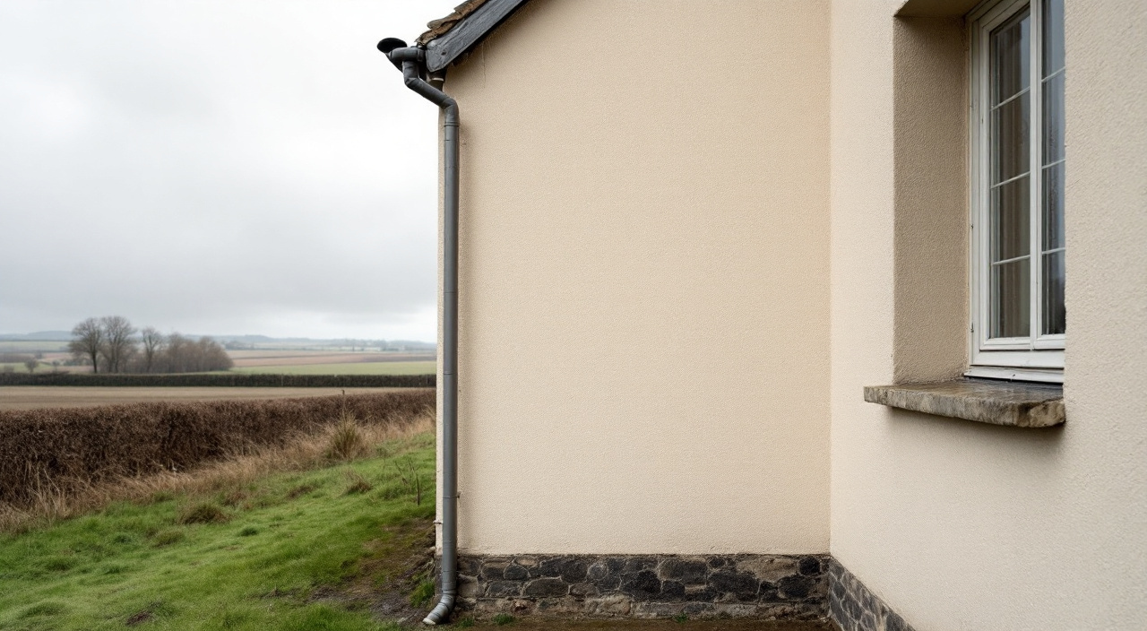 Pignon ouest d'une maison du plateau du Roumois fraîchement enduit, face aux champs ouverts sous un ciel de pluie