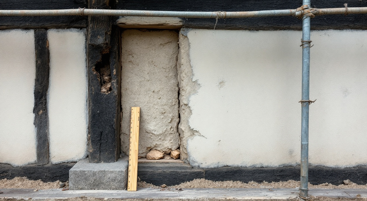 Mur à pans de bois partiellement dépiqué : poteaux de chêne et remplissage en torchis apparaissent sous l'enduit ciment, au-dessus d'un soubassement en silex.