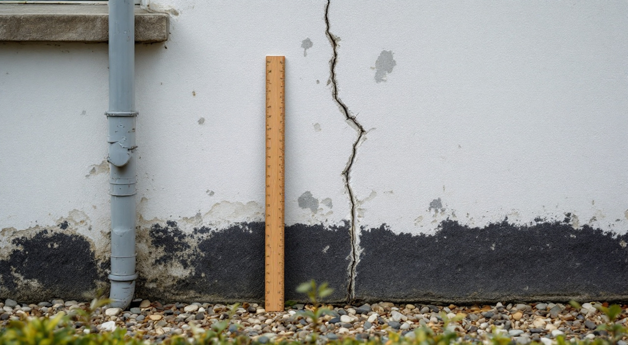Fissure sur une façade enduite photographiée avec un mètre pliant posé contre le mur comme objet d'échelle