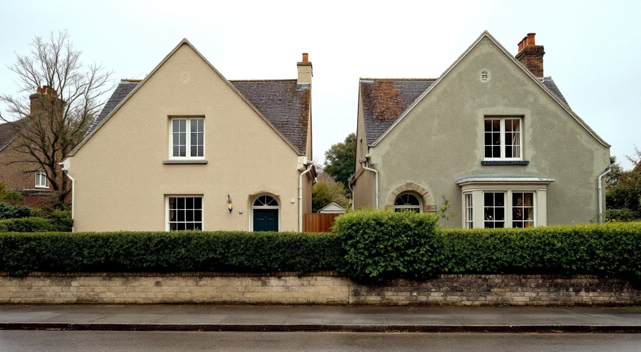 Deux maisons mitoyennes en Normandie, l'une avec un enduit refait, l'autre encore encrassée et fissurée