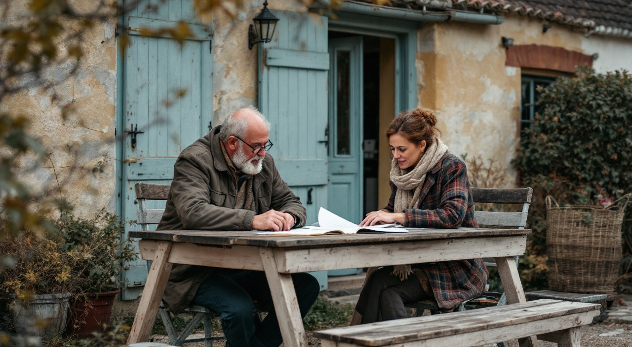 Discussion autour d'un devis devant une maison