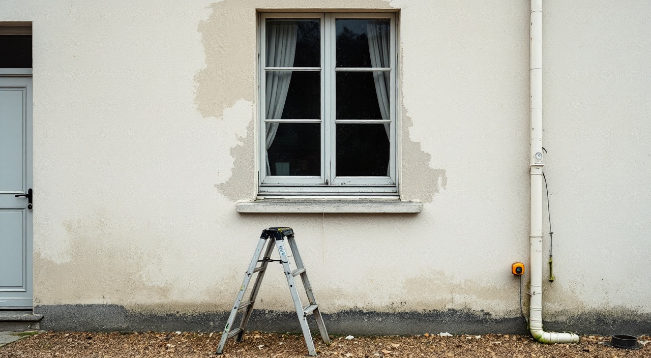 Une échelle appuyée contre une façade enduite, une zone entourée à la craie près d'une fenêtre et un mètre ruban accroché au tableau.