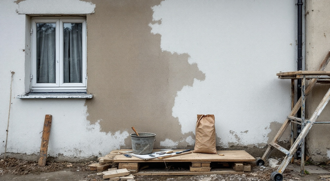 Matériel d'un artisan seul au pied d'une façade : auge, truelles et échafaudage roulant devant un mur partiellement décapé.