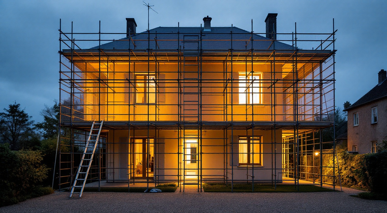 Maison échafaudée au crépuscule, échelle d'accès retirée et posée au sol le long des pieds de l'échafaudage