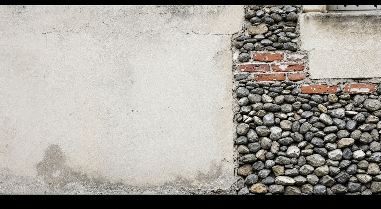 Mur ancien associant chaîne de calcaire taillé, remplissage de silex et reprise en brique, avec des joints de chaux creusés par le temps.