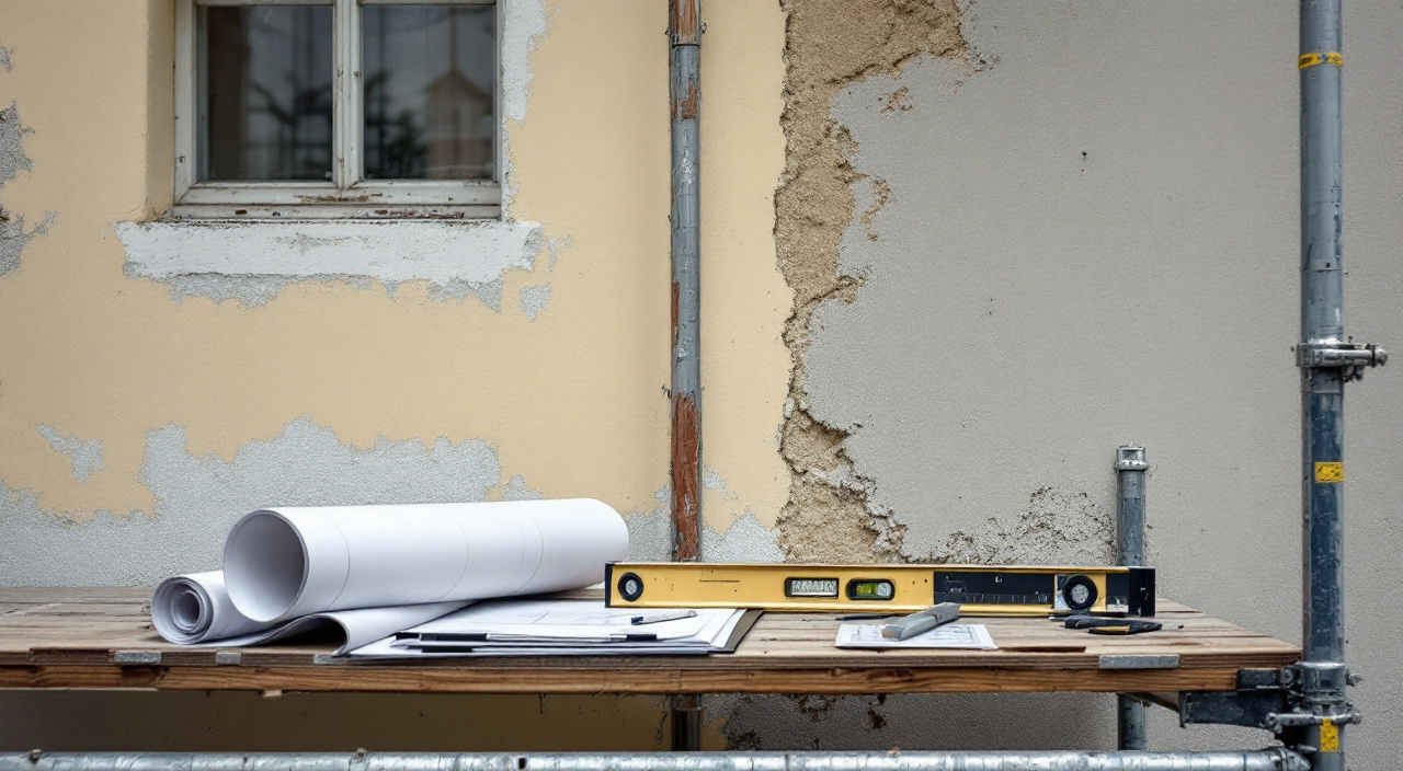Plateforme d'échafaudage devant une façade en cours d'enduit, documents et instruments de mesure posés sur le platelage