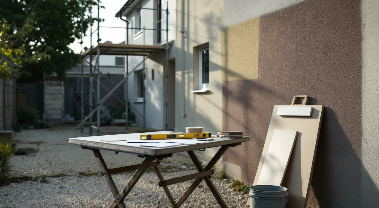 Table pliante posée devant une maison en cours de ravalement, documents de chantier et planche d'échantillons d'enduit, échafaudage à l'arrière-plan
