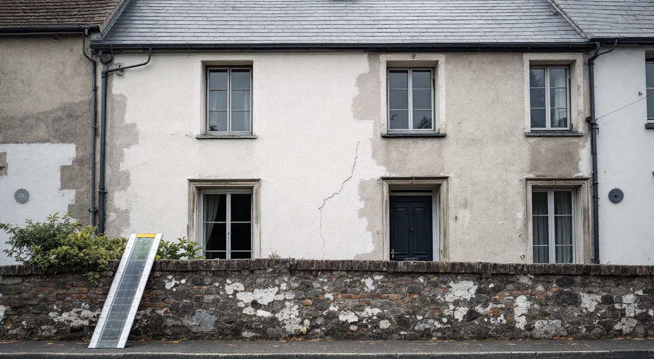 Façade de maison photographiée depuis le trottoir, avec un mètre pliant ouvert posé sur le muret.