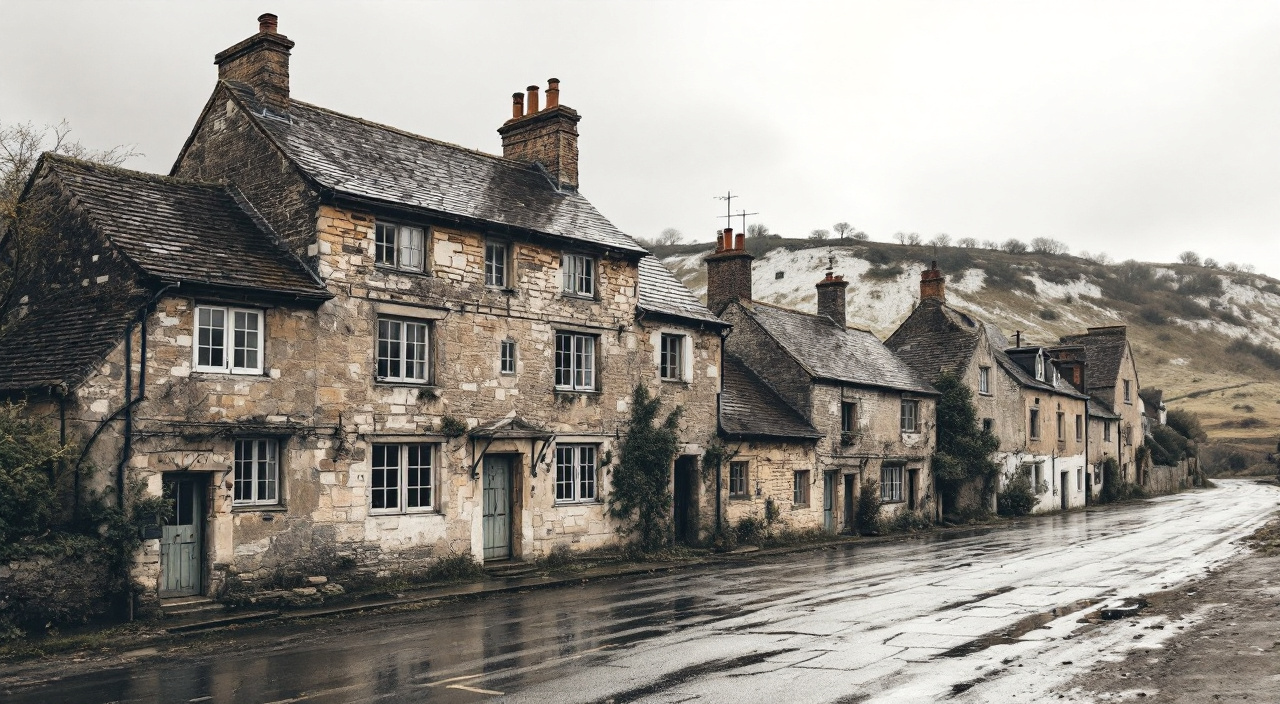Maisons de bourg alignées le long d'une rue étroite