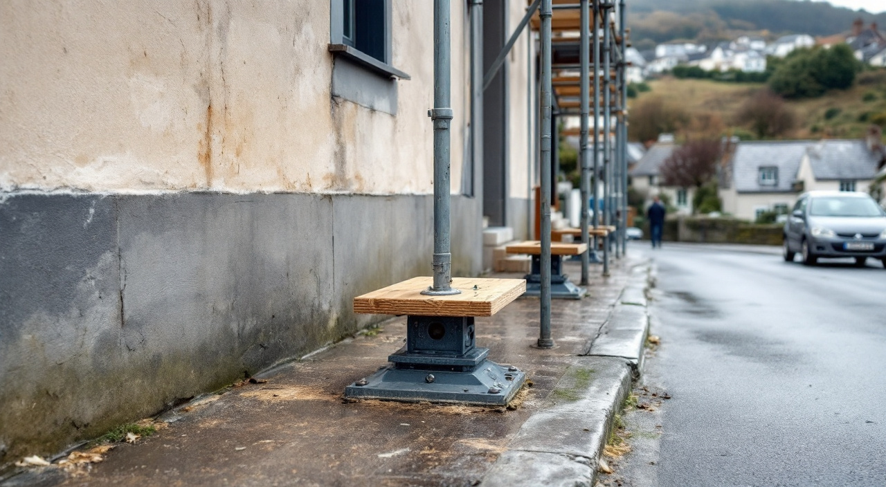Pied d'un échafaudage calé sur vérins et semelles en bois le long d'une façade, dans une rue en pente d'une petite ville normande.