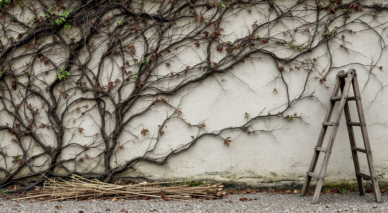 Mur de maison après dépose du lierre, crampons secs encore visibles sur l'enduit et treillage démonté posé à distance