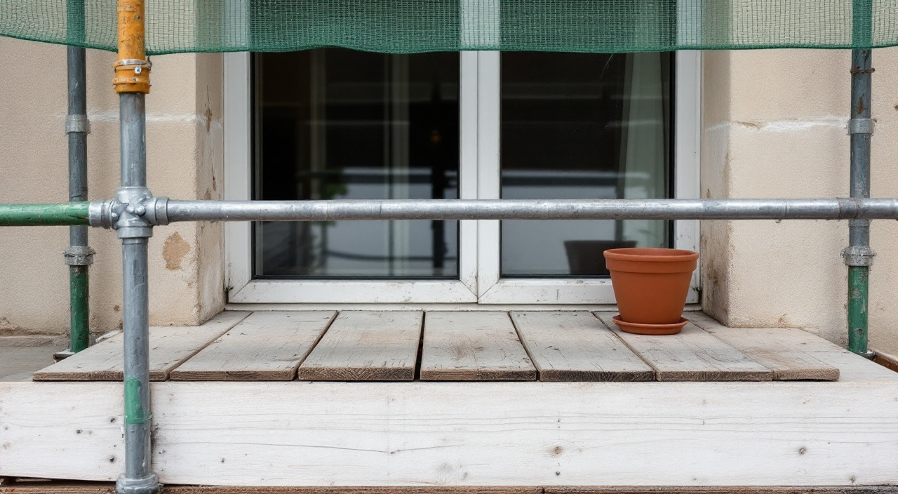 Un plancher d'échafaudage passe à hauteur d'appui devant la fenêtre fermée d'un appartement, derrière un filet vert, un pot de terre cuite poussé au fond de l'appui.