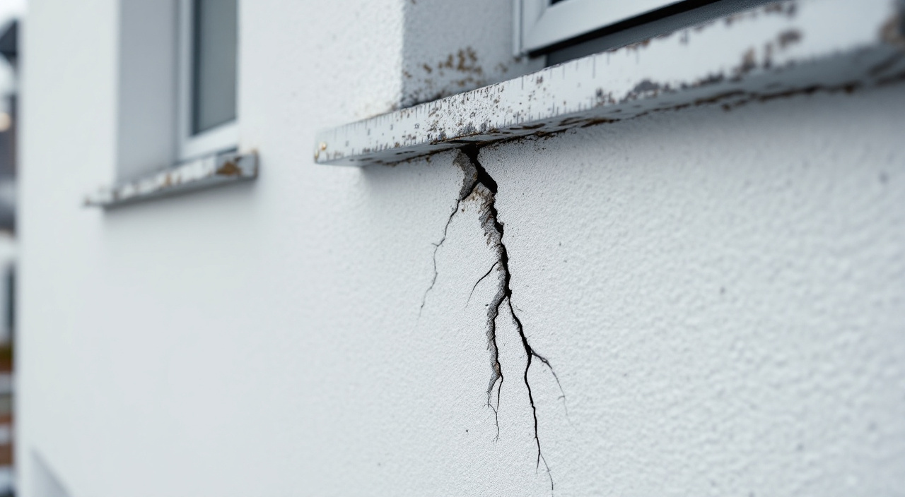 Fissure fine partant de l'angle d'une fenêtre sur l'enduit d'une maison récente, avec un témoin de mesure collé en travers