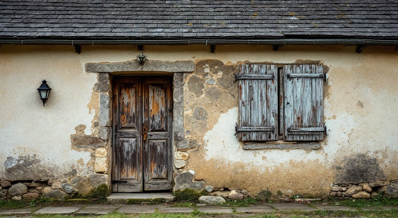 Petite maison de campagne habitée, à la façade fatiguée et aux volets écaillés.