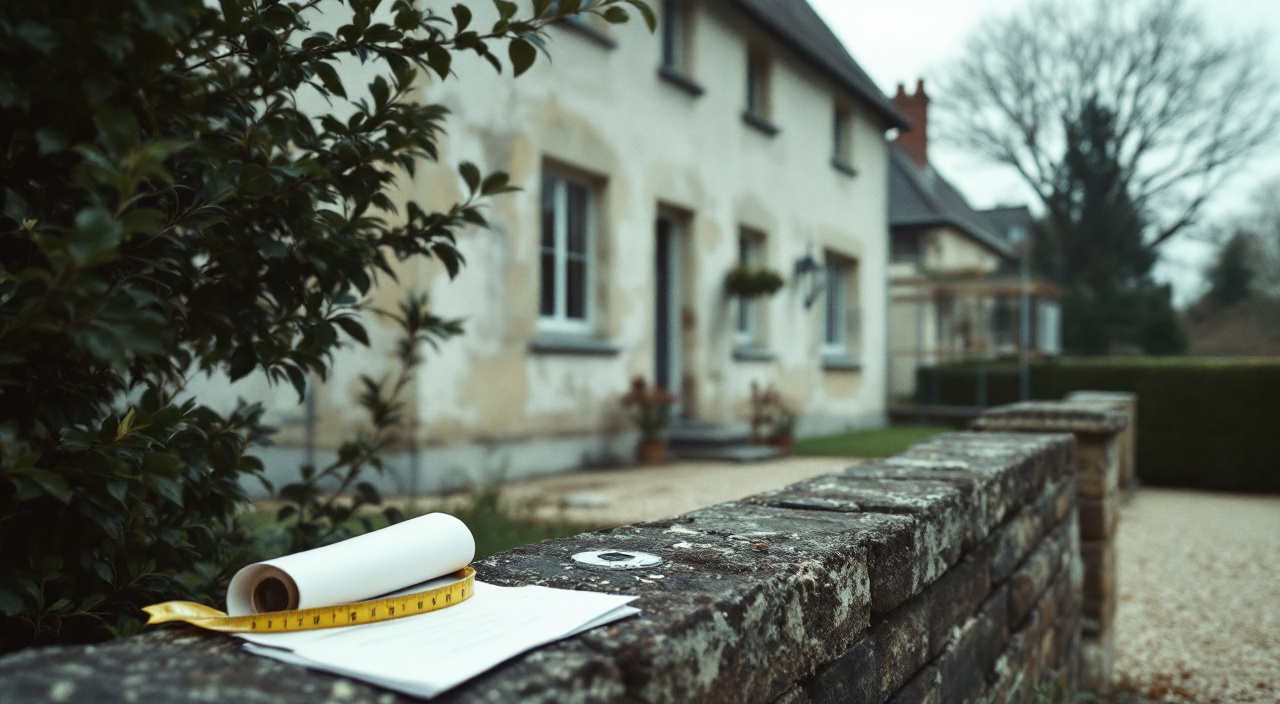 Un devis plié et un mètre ruban posés sur un muret devant une maison dont la façade attend un ravalement