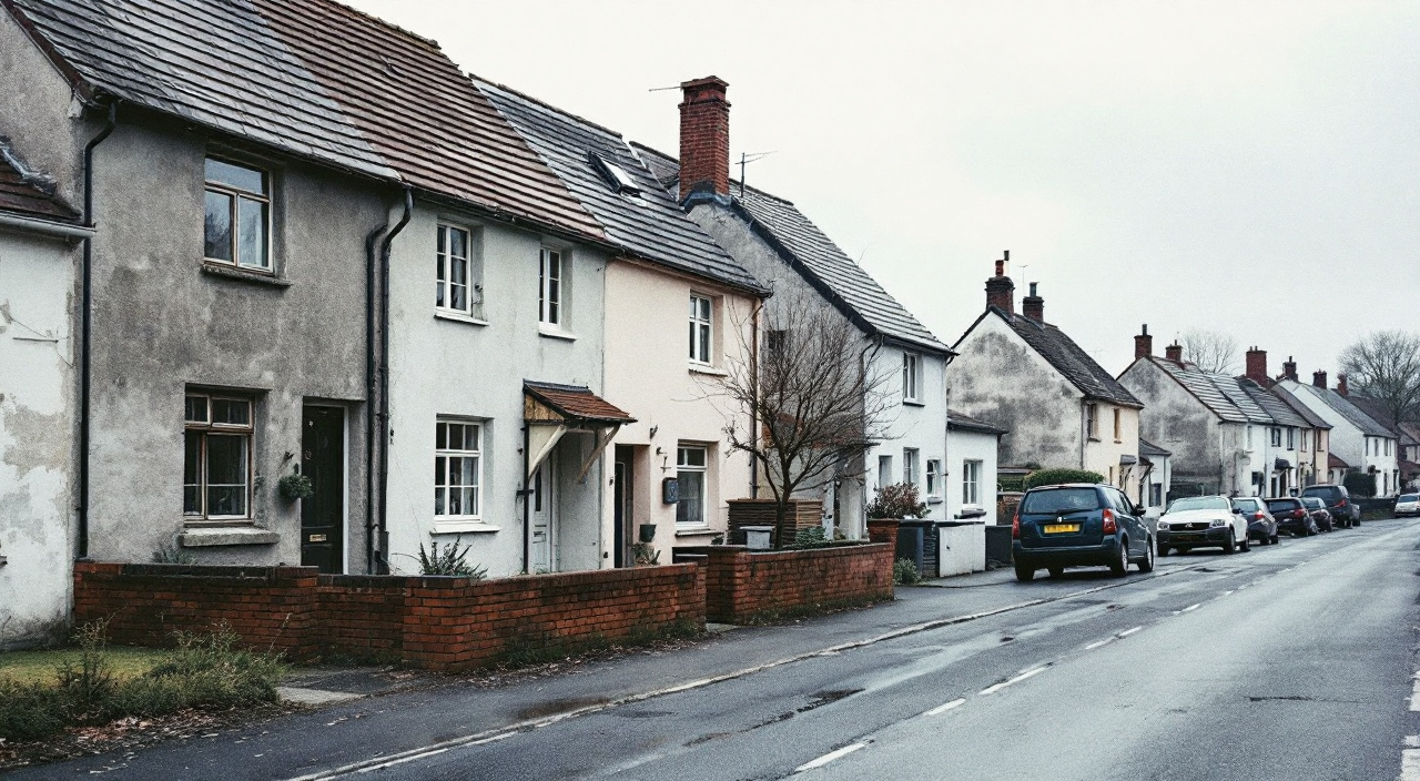 Rue pavillonnaire des années 1970-1980 aux enduits vieillissants