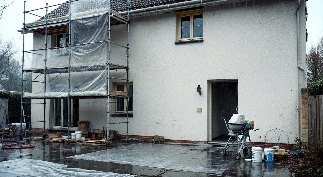 Échafaudage bâché devant une façade en cours d'enduit, un matin de pluie, matériel à l'arrêt au pied du mur
