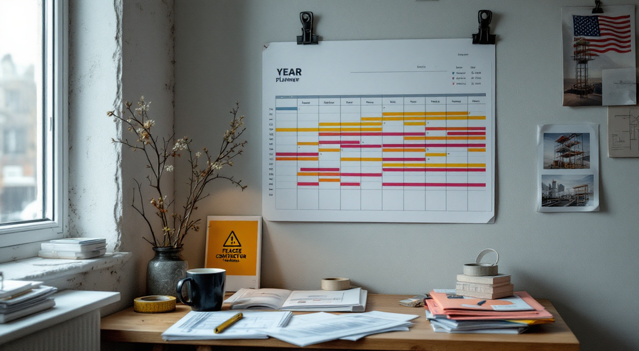 Planning mural d'une entreprise de façade, semaines déjà réservées par des bandes de couleur, dans un bureau éclairé par la lumière grise d'automne