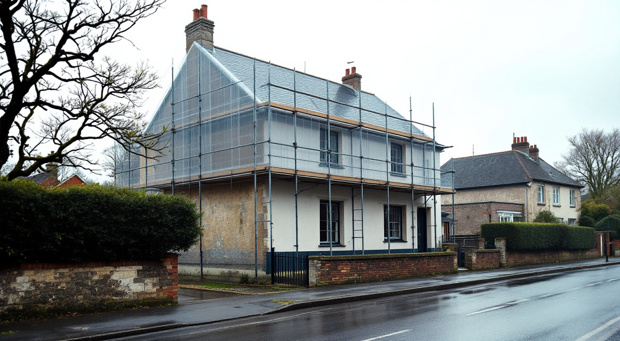 Maison de vallée en cours de ravalement, échafaudage monté et pied de mur encore humide