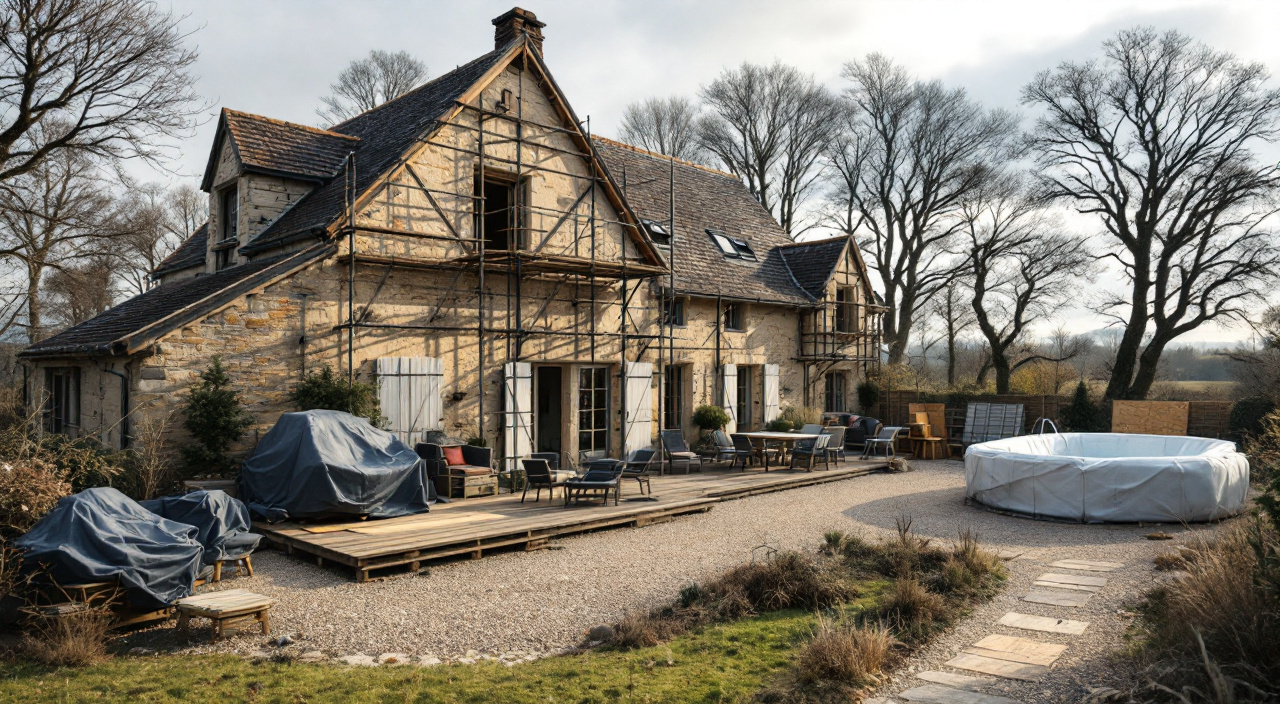 Gîte en pierre hors saison, échafaudage sur un pignon, mobilier de jardin bâché et piscine couverte.