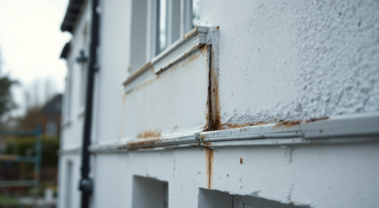 Coulure verticale sous un appui de fenêtre sur un enduit neuf, à côté d'un raccord irrégulier.