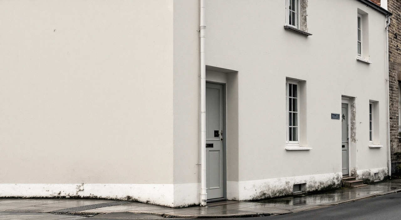 Rangée de maisons ouvrières mitoyennes dont une seule façade a été enduite à neuf, avec un arrêt vertical net en limite de propriété