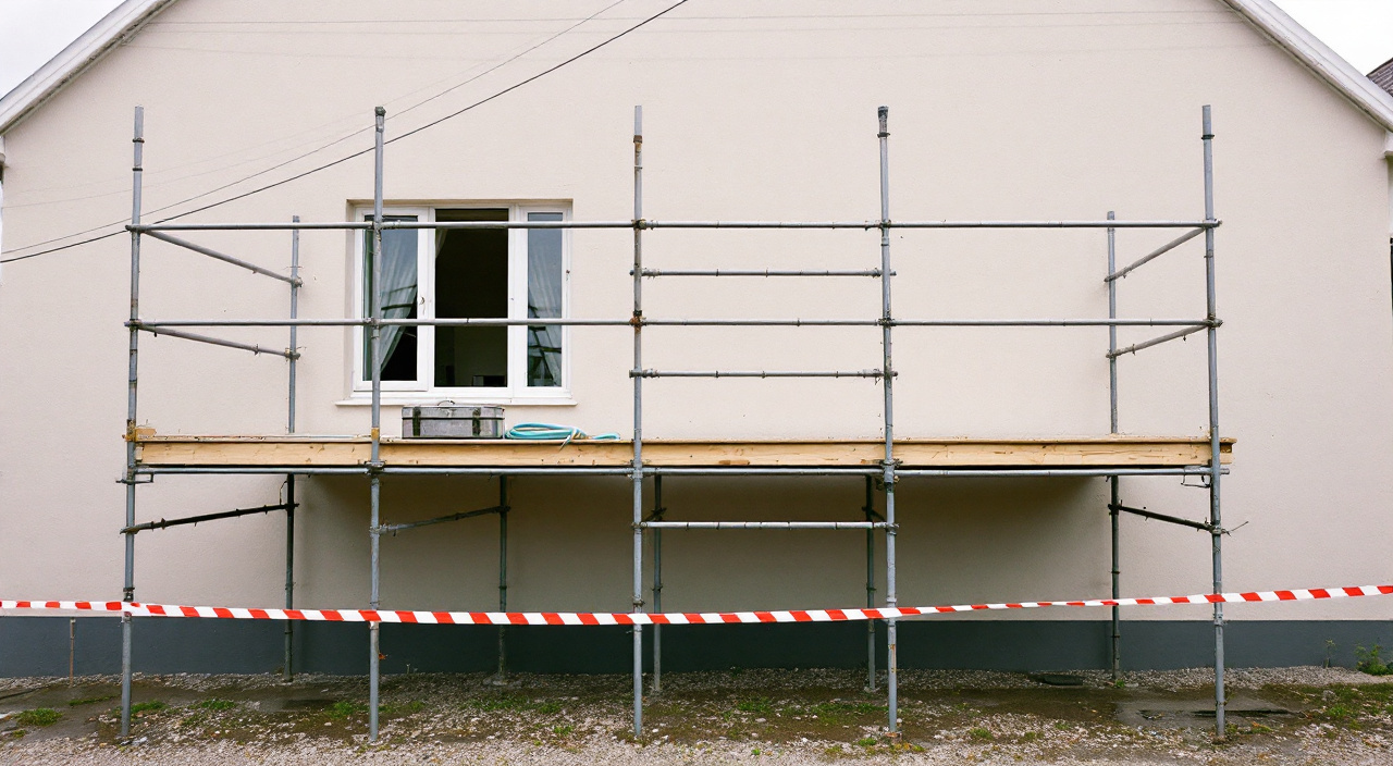 Plateforme d'échafaudage vide devant une façade enduite, garde-corps et plinthes en place, trappe d'accès ouverte.