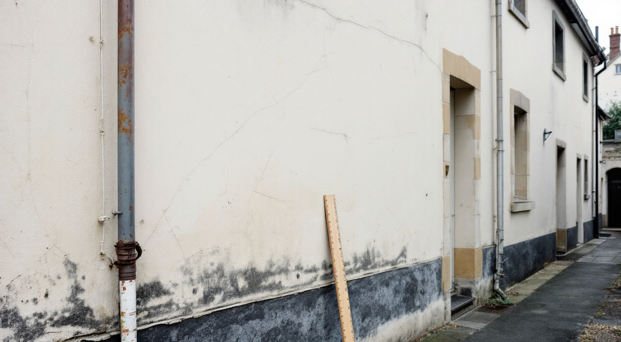 Façade de maison photographiée de face par temps couvert, avec un mètre pliant posé contre le mur pour donner l'échelle