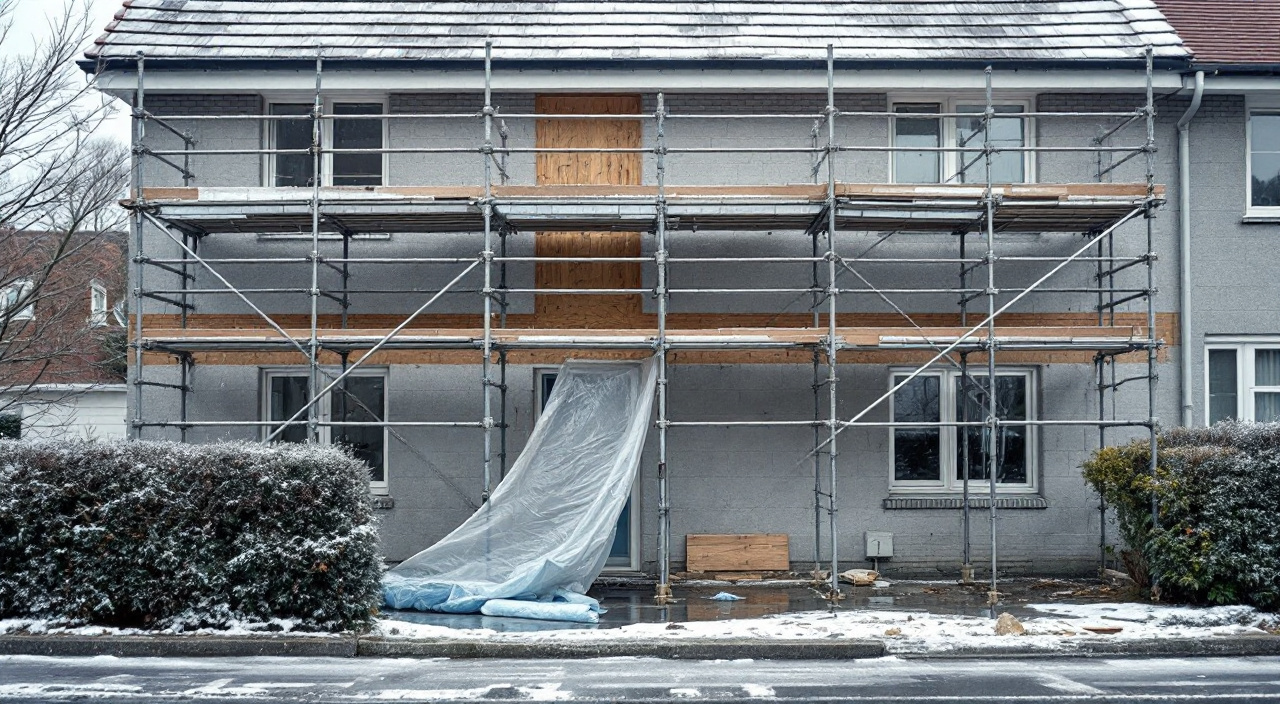 Façade décroûtée et échafaudage toujours en place sur un chantier de ravalement arrêté en plein hiver.