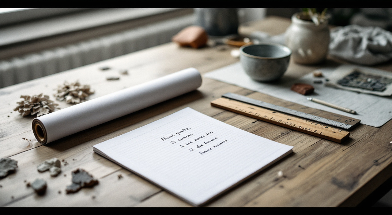Table de cuisine avec un carnet, un mètre pliant, un fragment d'enduit et un morceau de tuile, servant à classer des travaux