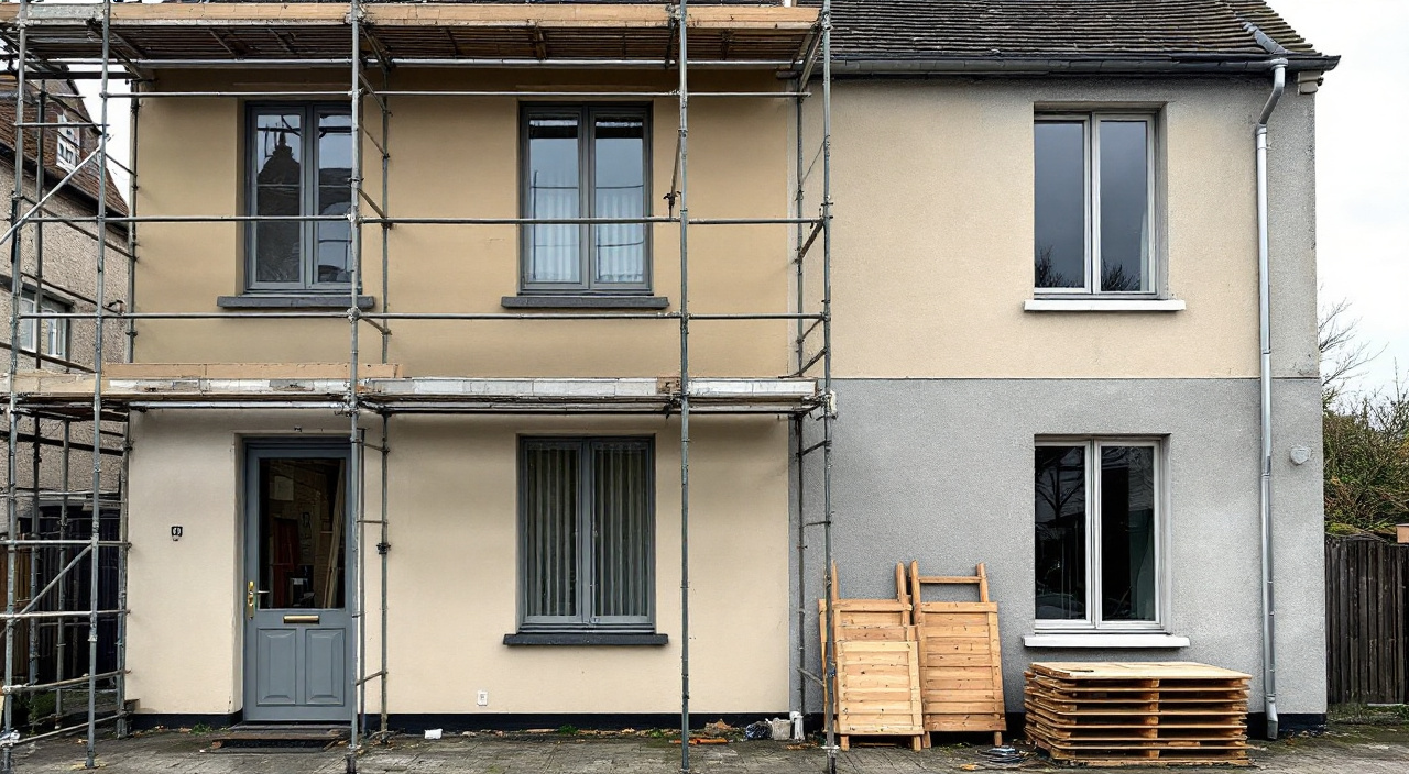 Façade sous échafaudage où l'enduit neuf, la descente en zinc et les volets déposés se croisent sur le même chantier