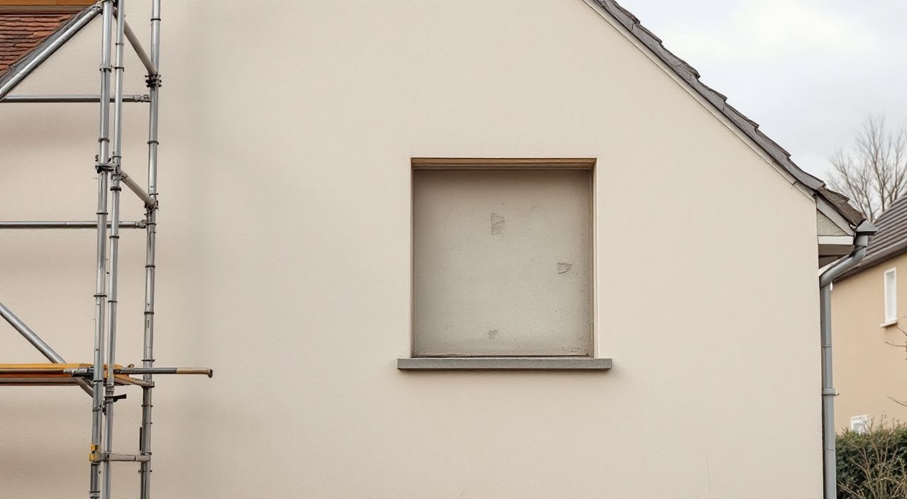 Façade enduite ouverte proprement autour d'une baie neuve, avec un raccord d'enduit visible en lumière rasante