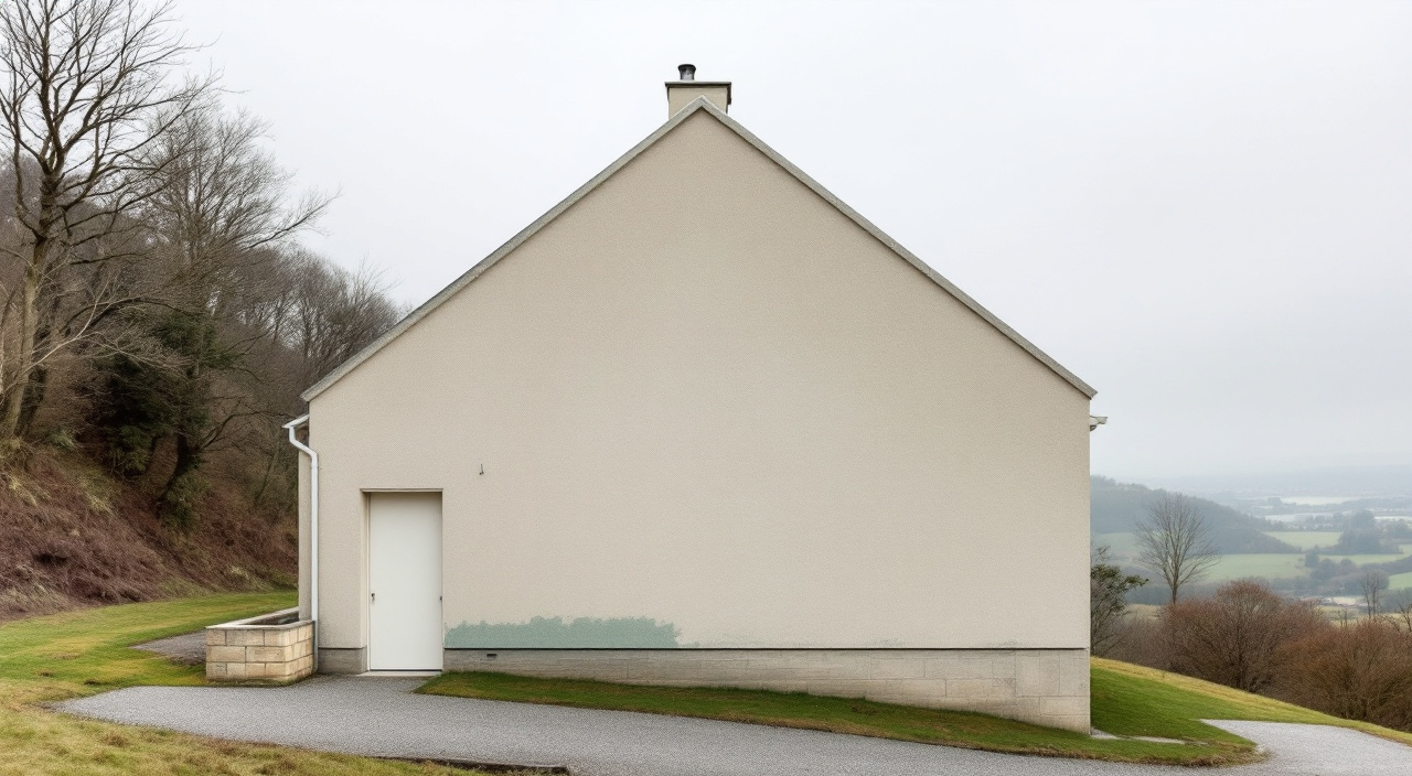 Pignon d'un pavillon des années 1980 sur un coteau crayeux, enduit délavé et traîné vert sous une descente d'eau pluviale.