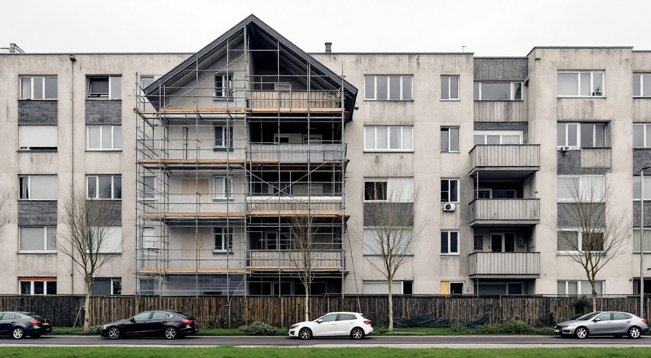 Immeuble collectif d'après-guerre dont un pignon est en cours d'échafaudage, les autres façades montrant encore un enduit faïencé et des coulures sous les balcons